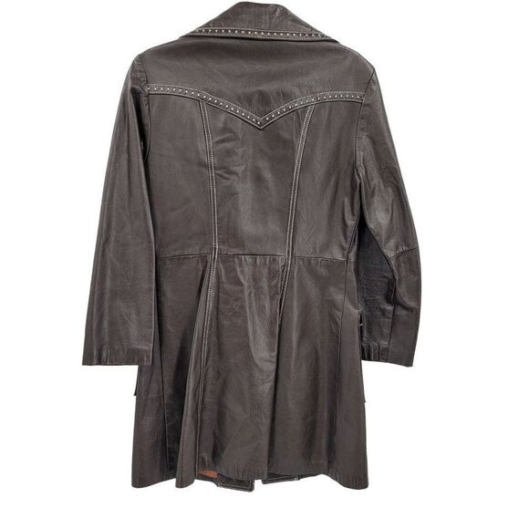Vtg 70's Womens Leather Trench Coat Cowgirl Western Contrast Stitching Brown S - Picture 7 of 11